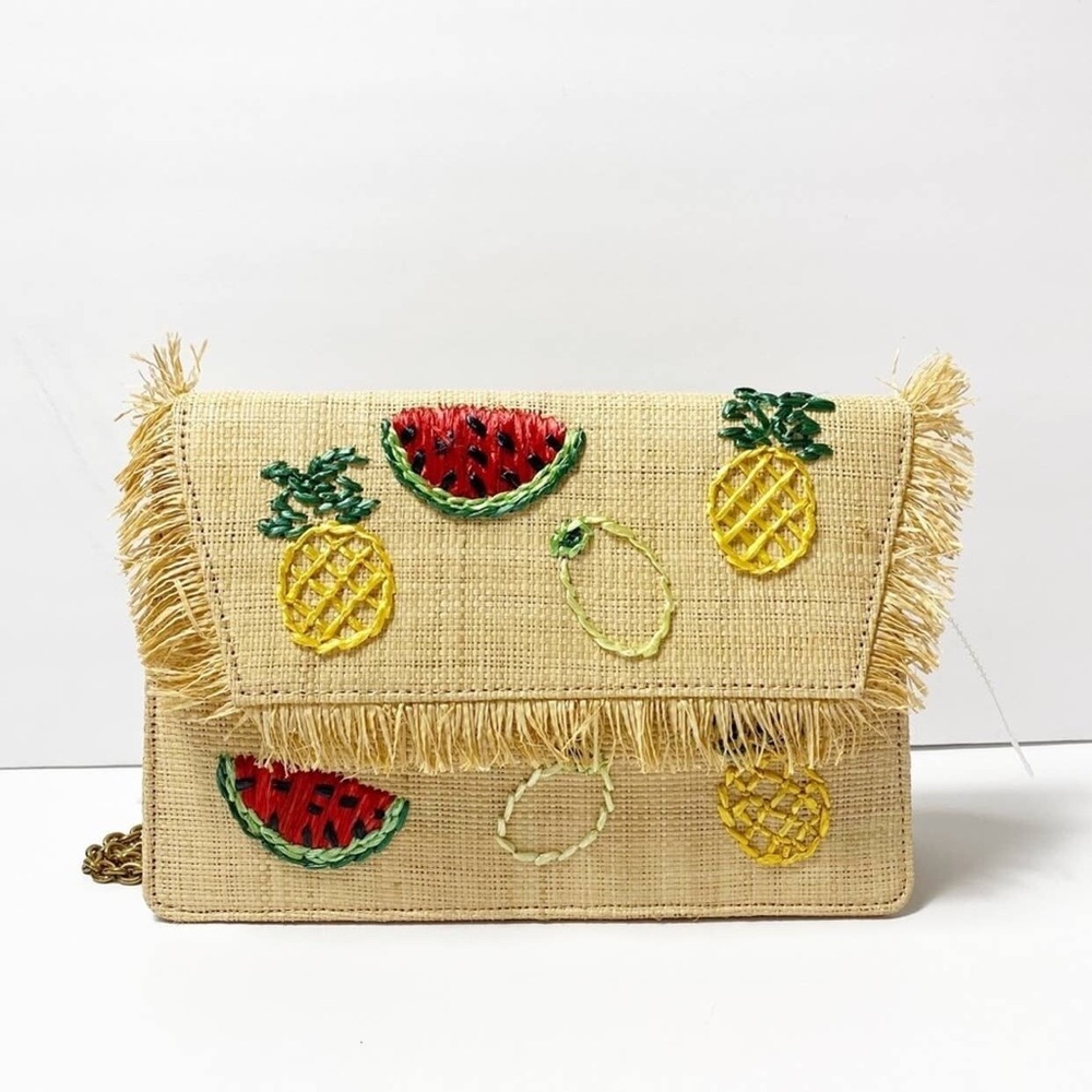 J Crew Fruit Embroidered Raffia Bag